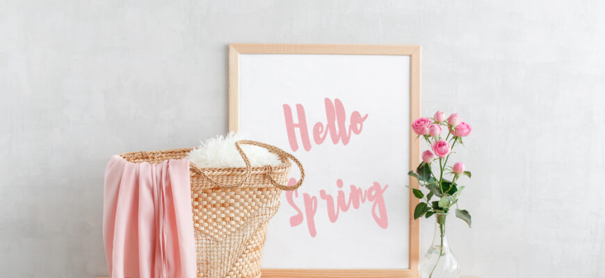 Frame,With,Text,Hello,Spring,,Woven,Straw,Bag,And,Vase