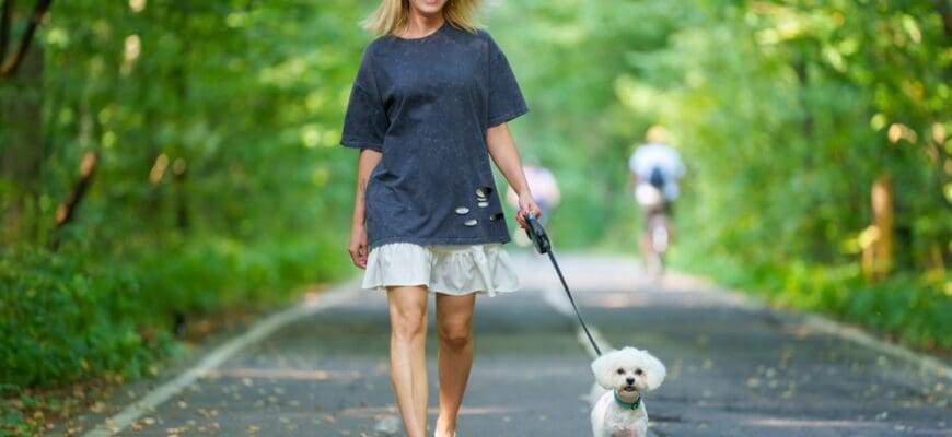 Girl,Walking,The,Dog,In,The,Park,Forest.,Rest,Concept.